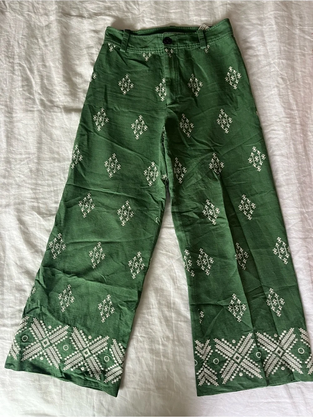 Zara green embroidered linen blend wide-leg cropped trousers S